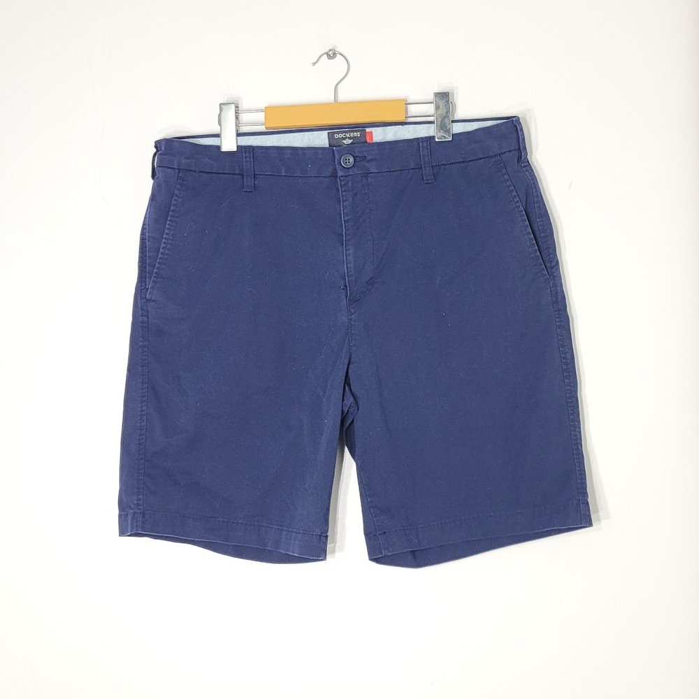 Dockers Men's Navy Blue Cotton Flat Front Chino Jean Shorts With Pockets Size 36